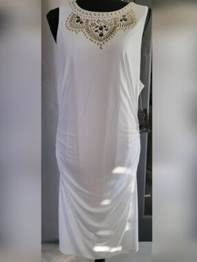 Thalia Sodi White Midi Dress with Gold Beaded Neckline